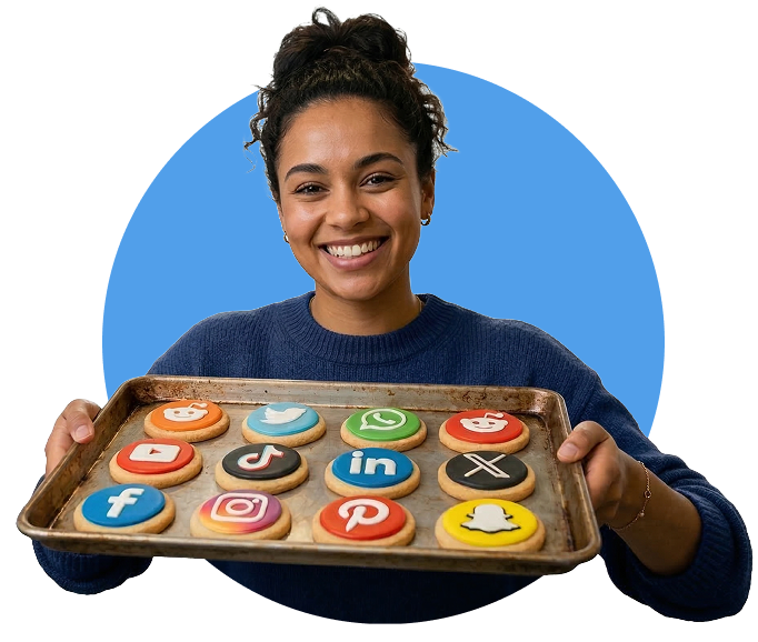 Woman holding a tray of social media cookies representing GrowthOven's social media growth services